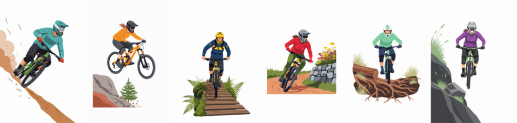 Collection of diverse mountain bike illustrations featuring cyclists riding on various terrains including dirt trails, wooden bridges, and steep rocky slopes. © Limo