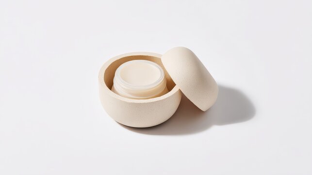 eco-friendly design, a sleek unbranded cosmetic jar nestled in biodegradable mushroom packaging