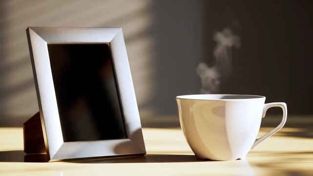 A serene still life with a steaming cup of coffee and an empty picture frame on a wooden table, bathed in soft natural light.