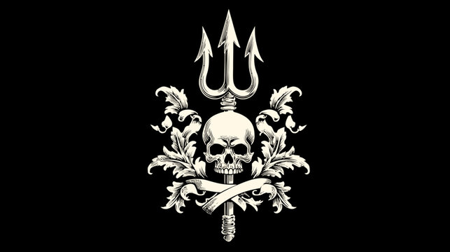 Intricate skull with trident symbol illustration against black background