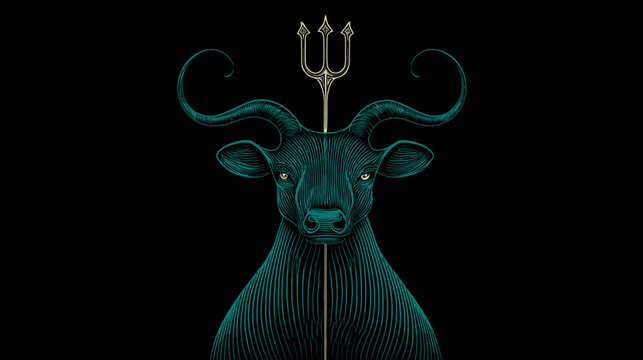Stylized illustration of mythical creature with trident and horns
