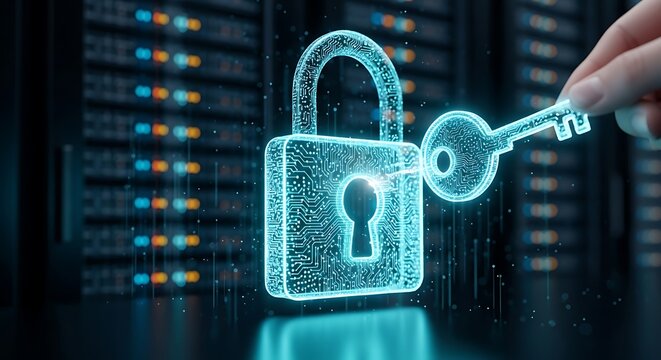 Kunci Digital Membuka Gembok Keamanan Siber dengan Latar Belakang Server Data Center Modern