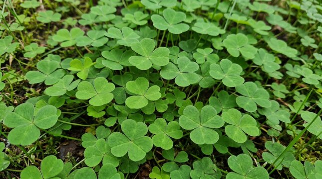 A lush carpet of vibrant green clover plants grows densely in a natural outdoor setting with leaves and stems.