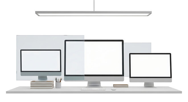 Three desktop computers with blank screens arranged on a desk with office supplies, modern technology setup