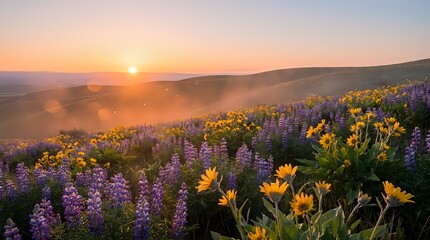 Obraz premium Sunrise over mountain meadow with purple lupine wildflowers and yellow blooms creating colorful spring landscape with golden light and morning mist.