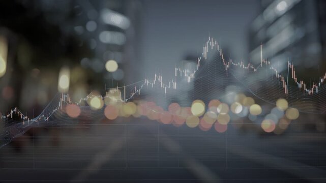 Economic Outlook: A city scene overlays with a dynamic financial graph, illustrating the ever-changing landscape of the market. Illustrating the interaction of urban life and economic forces.