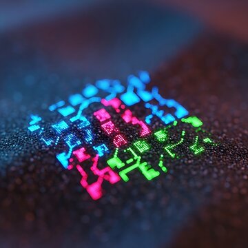 A colorful circuit board with glowing blue, pink, and green lights on a dark background