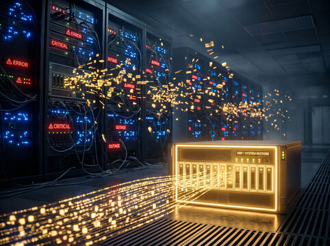DRP system restore server mitigating critical outage, disaster recovery appliance, fault tolerant hardware, data center emergency console.