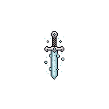 A pixel art illustration of a fantasy ice sword with a grey hilt and a light blue blade, surrounded by magical sparkles on a white background.