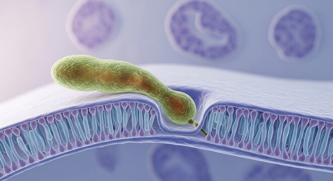 Close-up 3D illustration of a bacterium attaching to a cell membrane s