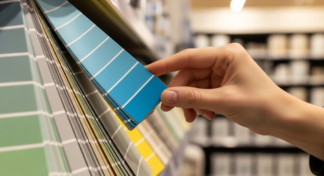 Close-up of a hand holding blue paint swatches from a large selection