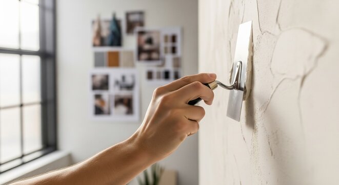 Close-up of a hand holding a trowel applying plaster to a textured wal