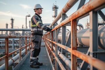 Naklejka premium Man inspecting industrial pipelines on elevated walkway at oil refinery during sunset
