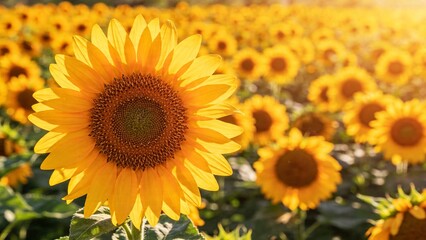 Fototapeta premium A large sunflower stands prominently in a vast field of blooming sunflowers on a sunny day.