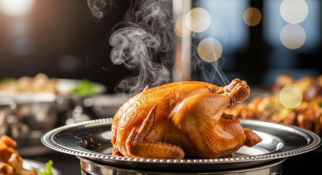 A golden roasted chicken sits on a silver platter within a lavish buffet, surrounded by rising wisps of hot steam and soft bokeh lights, appetizer, golden, catering