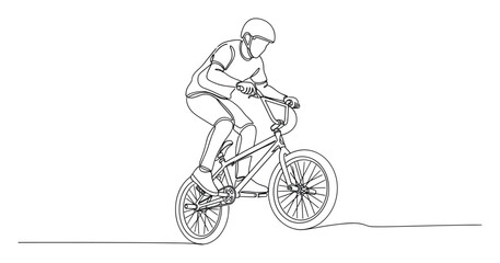 Naklejka premium Monoline drawing of a cyclist riding a BMX bicycle with protective helmet and knee pads for extreme sport marketing materials