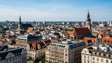 Obraz premium Aerial view of historic cityscape with old buildings and churches in Europe on a sunny day