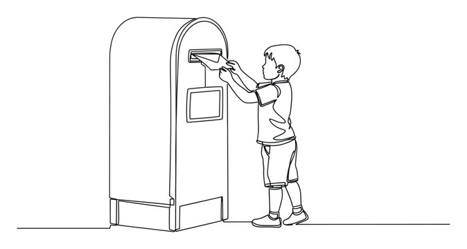 Young boy sending important mail by placing a letter into a traditional postbox for communication purposes