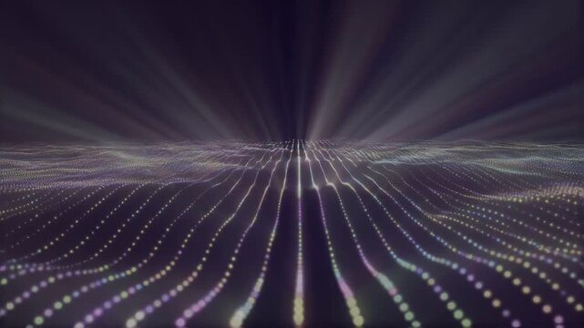 Abstract Digital Landscape: A vibrant digital landscape rendered with luminous lines and wavy patterns, illuminated by dramatic beams of light radiating from above.