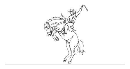 Obraz premium Line drawing of a fearless cowboy riding a bucking bronco at a wild west rodeo event