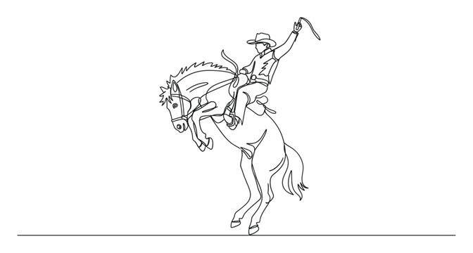 Line drawing of a fearless cowboy riding a bucking bronco at a wild west rodeo event