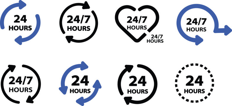 Set of twenty four seven service with circular rotation arrows and clock symbols in blue and black colors for business communication