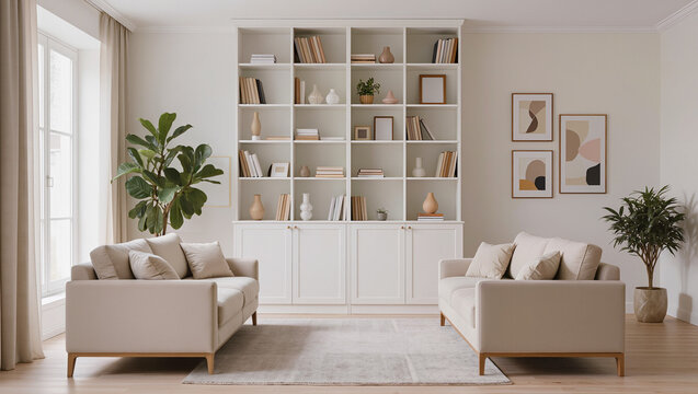 Minimalist Living Room with Bookcase and Neutral Sofas