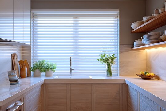 Modern kitchen with light wood cabinets, white countertops, sink, window blinds, and shelves