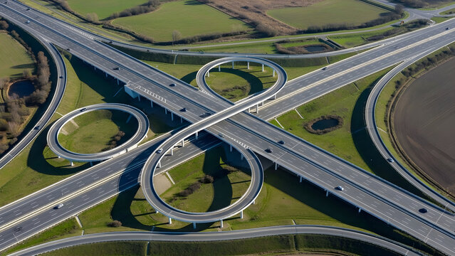 Aerial view of a complex highway interchange with multiple roundabouts and roads crossing over green landscapes.