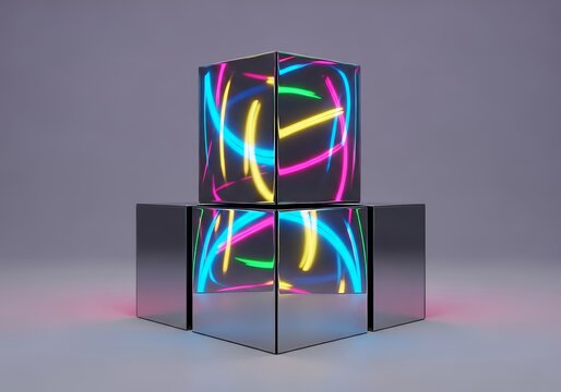 Vivid neon reflections dance across a minimalist geometric structure, creating a dynamic interplay of light and shadow on polished surfaces, neon, shapes, interior