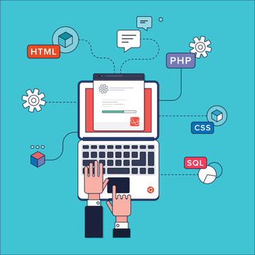 Web Development Concept Illustration with Laptop Coding HTML CSS PHP SQL Programming