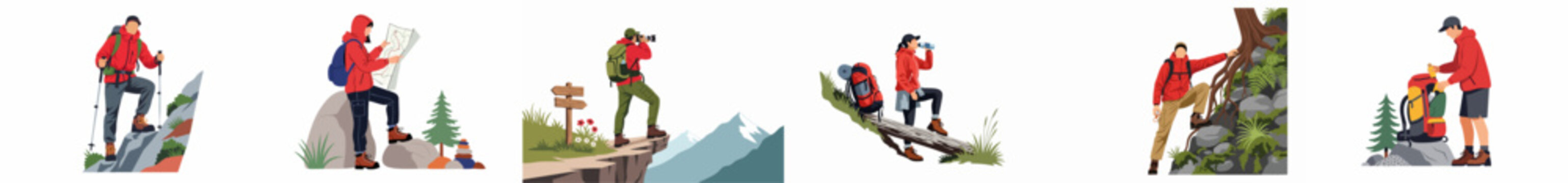Collection of hikers and trekkers exploring nature with backpacks, maps, and cameras in mountain landscapes, featuring men and women in various outdoor activities.
