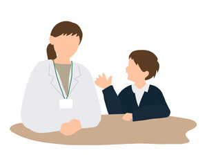 Fototapeta premium 保健室で先生と話す小学生の男の子のイラスト（前向きな会話）