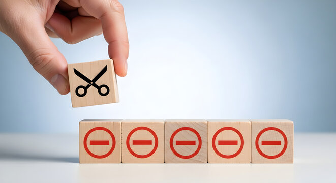A hand holds scissors block above prohibition symbols on wooden blocks