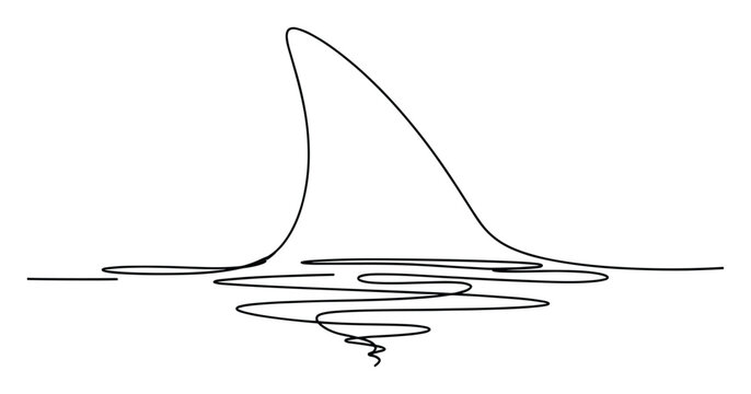 A continuous single line drawing illustrates a shark fin surfacing from the ocean with wavy water below for marine themes