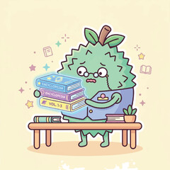 Fototapeta premium Cute Durian Character Wearing Glasses Holding Stack of Books.