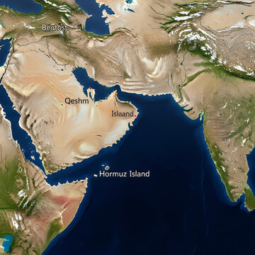 Middle East map, Persian Gulf region, Qeshm and Hormuz Islands, geographic illustration
