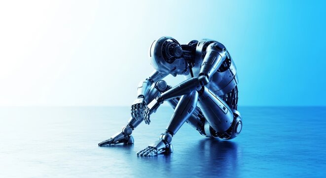 A metallic robotic machine sits motionless on a floor in soft light, head lowered as it powers down or rests after intense operation, hardware, circuit, chrome