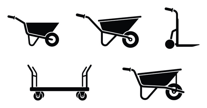 Collection of diverse utility carts including wheelbarrows, hand trucks, and platform trolleys for various material handling applications