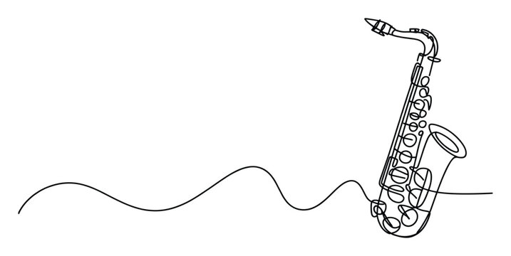 Elegant single line drawing of a saxophone with a flowing melodic wave for jazz events and modern graphic projects