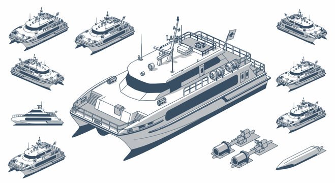 Modern Catamaran Ferries Collection - Isometric Vector Illustration