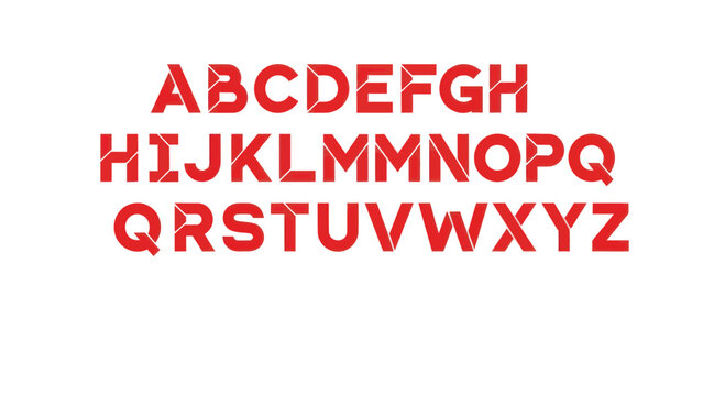 Red Geometric Font Alphabet Letters ABCDEFGHIJKLMNOPQRSTUVWXYZ on White Background