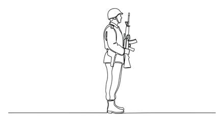 Fototapeta premium Continuous line drawing of a soldier standing in uniform with a rifle, suitable for defense presentations and national security graphics.