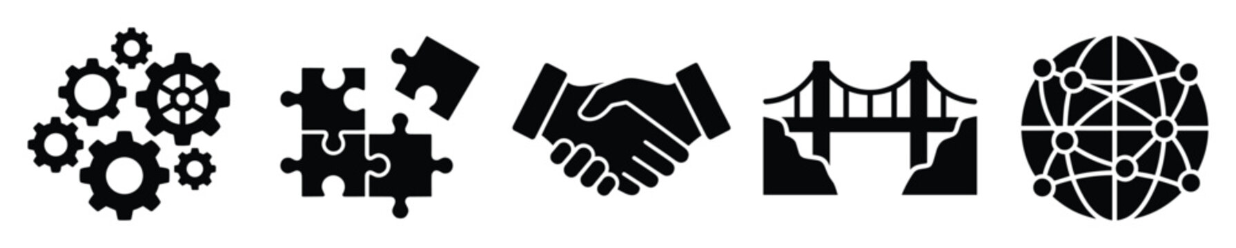 Strategic icons for seamless integration, global collaboration, successful partnership, and effective problemsolving solutions