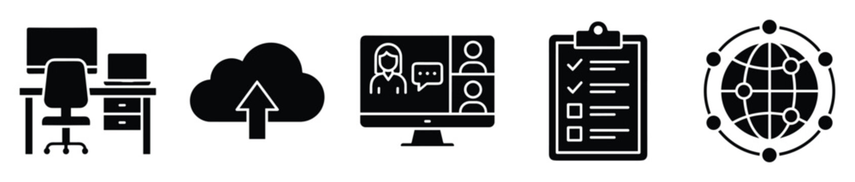 Digital icons for modern business covering remote work, cloud, video calls, tasks, and global connectivity.