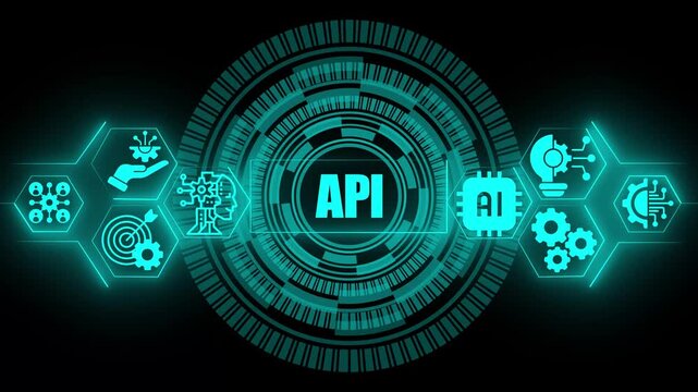 Cyan digital interface featuring the text api surrounded by glowing circular patterns and hexagonal representing artificial intelligence and network connectivity concepts