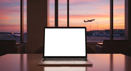 Fototapeta premium A portable computer sits on a table in a modern airport lounge, overlooking a terminal with aircraft through a window at soft sunset, lighting, internet, focus