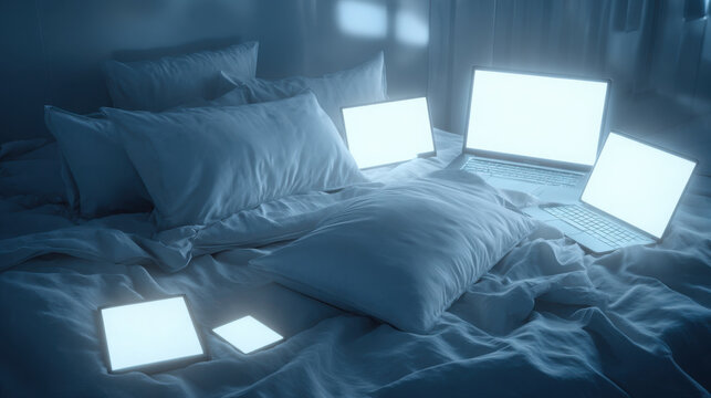 Multiple glowing digital screens illuminating bed at night, technology addiction, insomnia and screen time concept in dark bedroom.