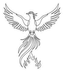 Fototapeta premium Modern single line phoenix bird with widespread wings and fiery tail rising from flames for symbolic design.