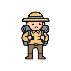 Obraz premium Sad Cartoon Explorer with Backpack and Hat